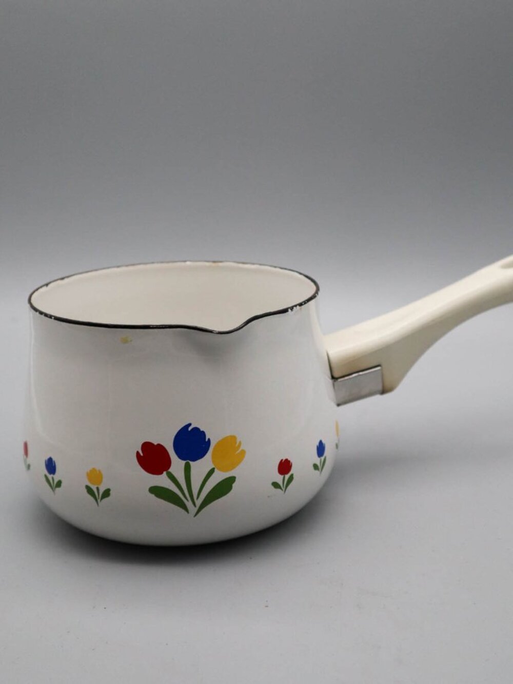 Vtg 80s Tulip Tyme Enameled Metal Spouted Small Saucepan Floral Cottagecore